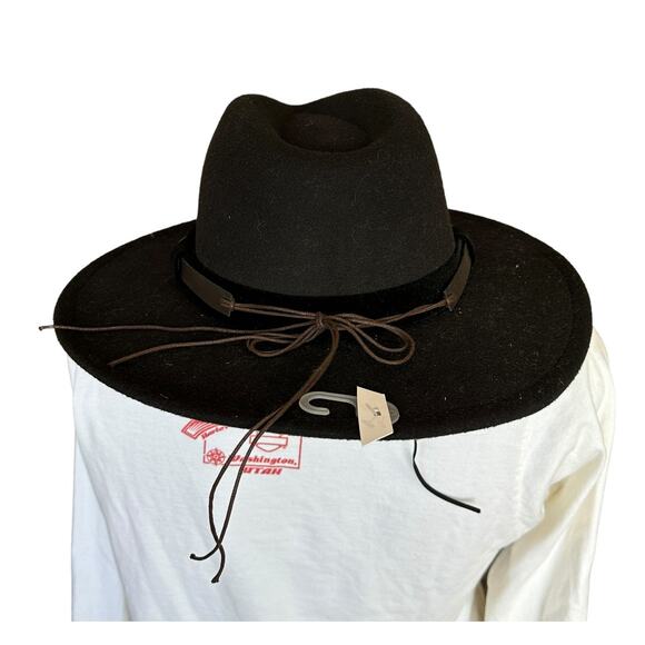 Black Felt Cowboy Hat Wide Flat Brim One Size Festival Hatband Cowgirl Vegan NEW - Picture 4 of 8